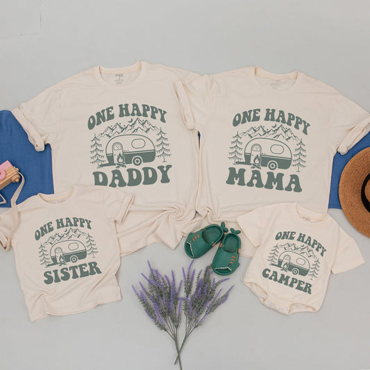 One Happy Camper First Birthday T-Shirt Matching Family Outfit for Toddler Boy Girl Muted Green Mountains Stars Cute Outdoorsy Camping Theme