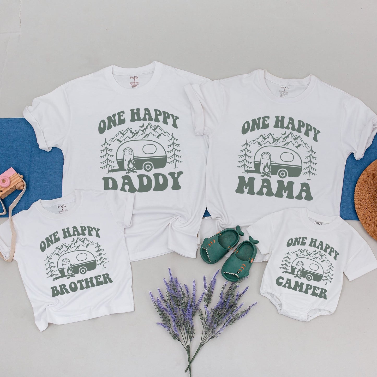 One Happy Camper First Birthday T-Shirt Matching Family Outfit for Toddler Boy Girl Muted Green Mountains Stars Cute Outdoorsy Camping Theme