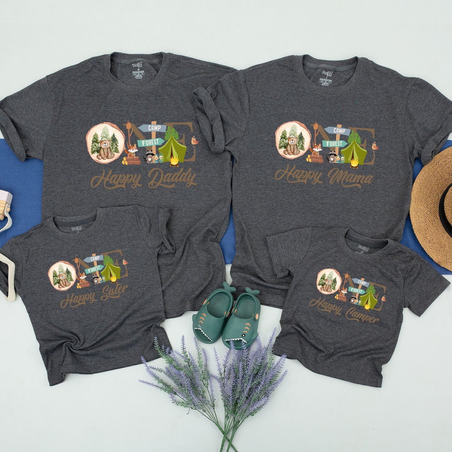 One Happy Camper First Birthday Shirt Matching Family Camping Outfit Wood Slice Bear Tent Forest Adventure Tee for Mommy Daddy Brother