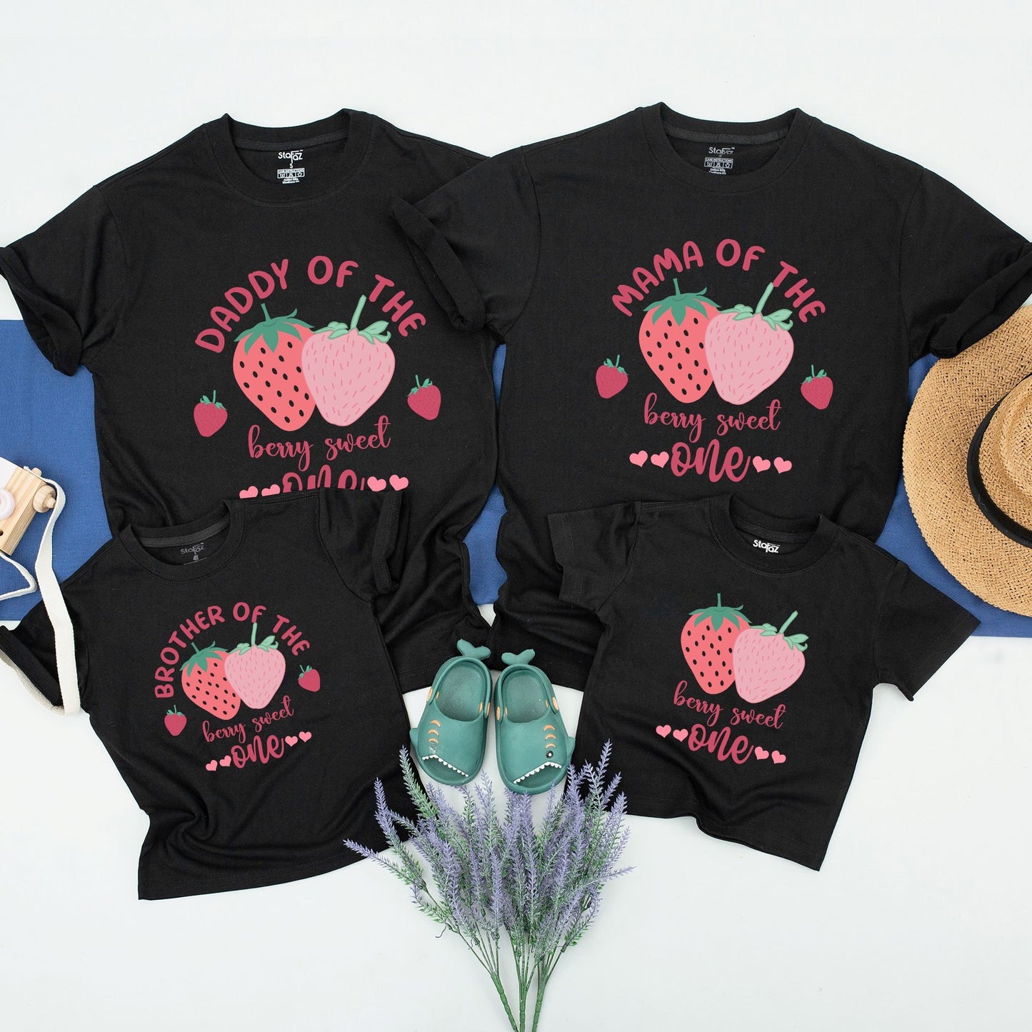 Playful Strawberry Sweet One 1st Birthday Matching Family Shirts for Mom Dad Brother featuring Red Polka Dot Berries Cheerful Celebration
