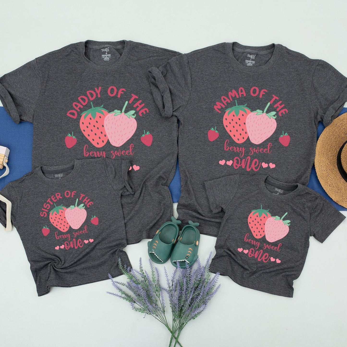 Playful Strawberry Sweet One 1st Birthday Matching Family Shirts for Mom Dad Brother featuring Red Polka Dot Berries Cheerful Celebration