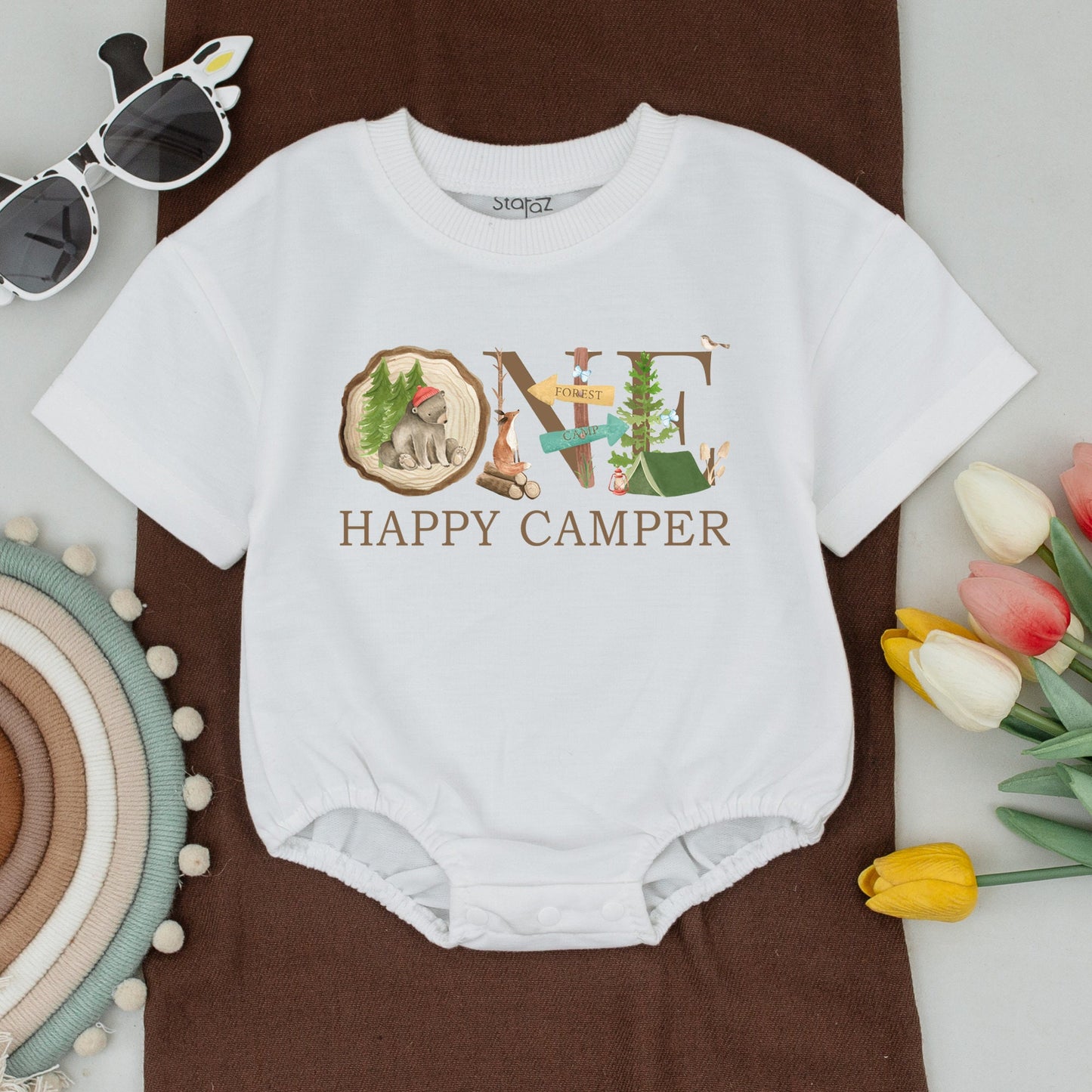 One Happy Camper First Birthday Shirt Outfit Baby Romper Matching Family Camping Adventure Tee Woodland Bear Tent Natural Design Comfortable Cotton