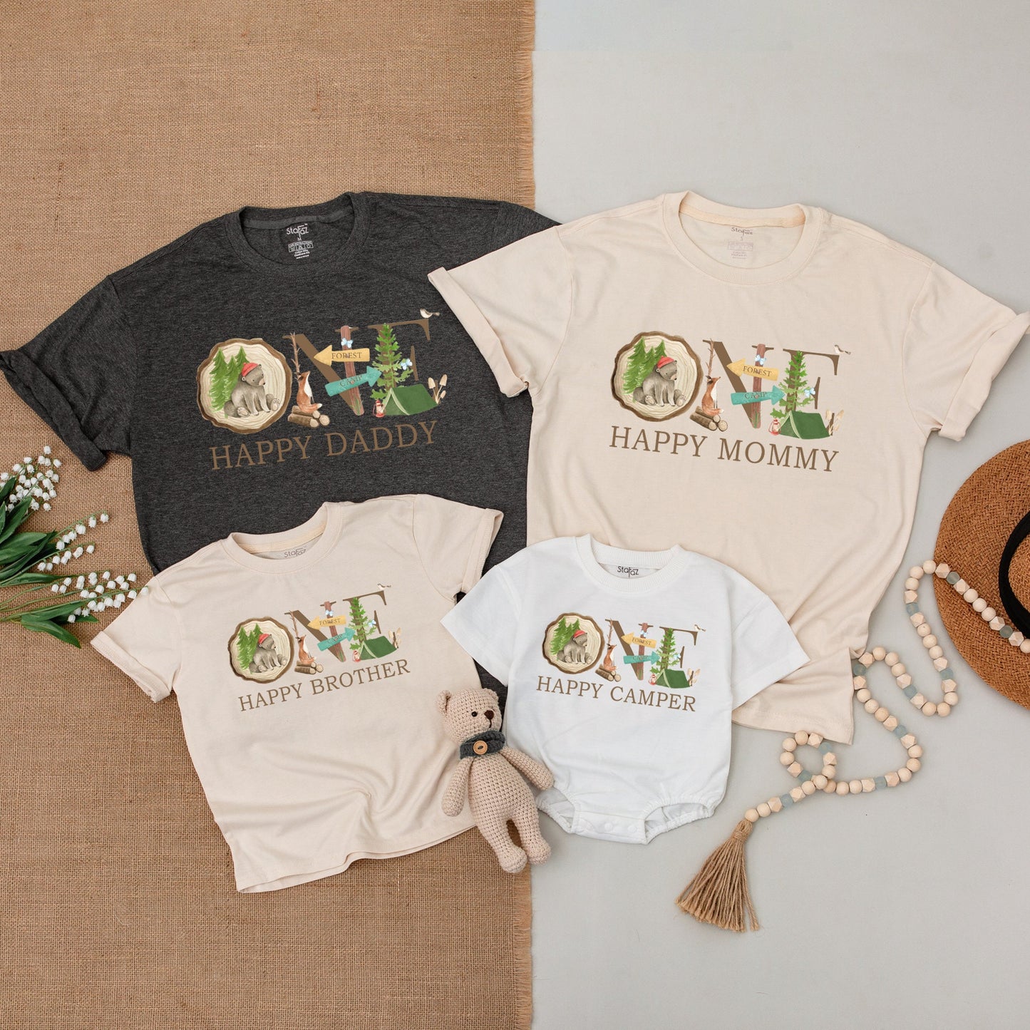 One Happy Camper First Birthday Shirt Outfit Baby Romper Matching Family Camping Adventure Tee Woodland Bear Tent Natural Design Comfortable Cotton