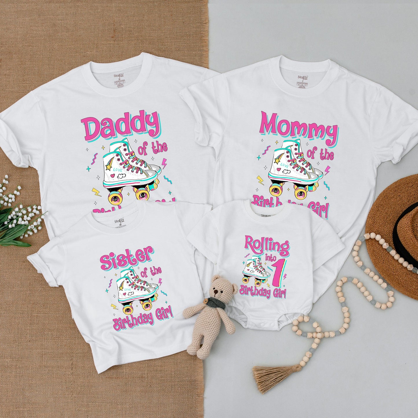 Personalized Rolling Into Birthday Girl Retro Roller Skate Family Matching Shirts Vibrant Pink Stars Hearts Baby Toddler Outfit