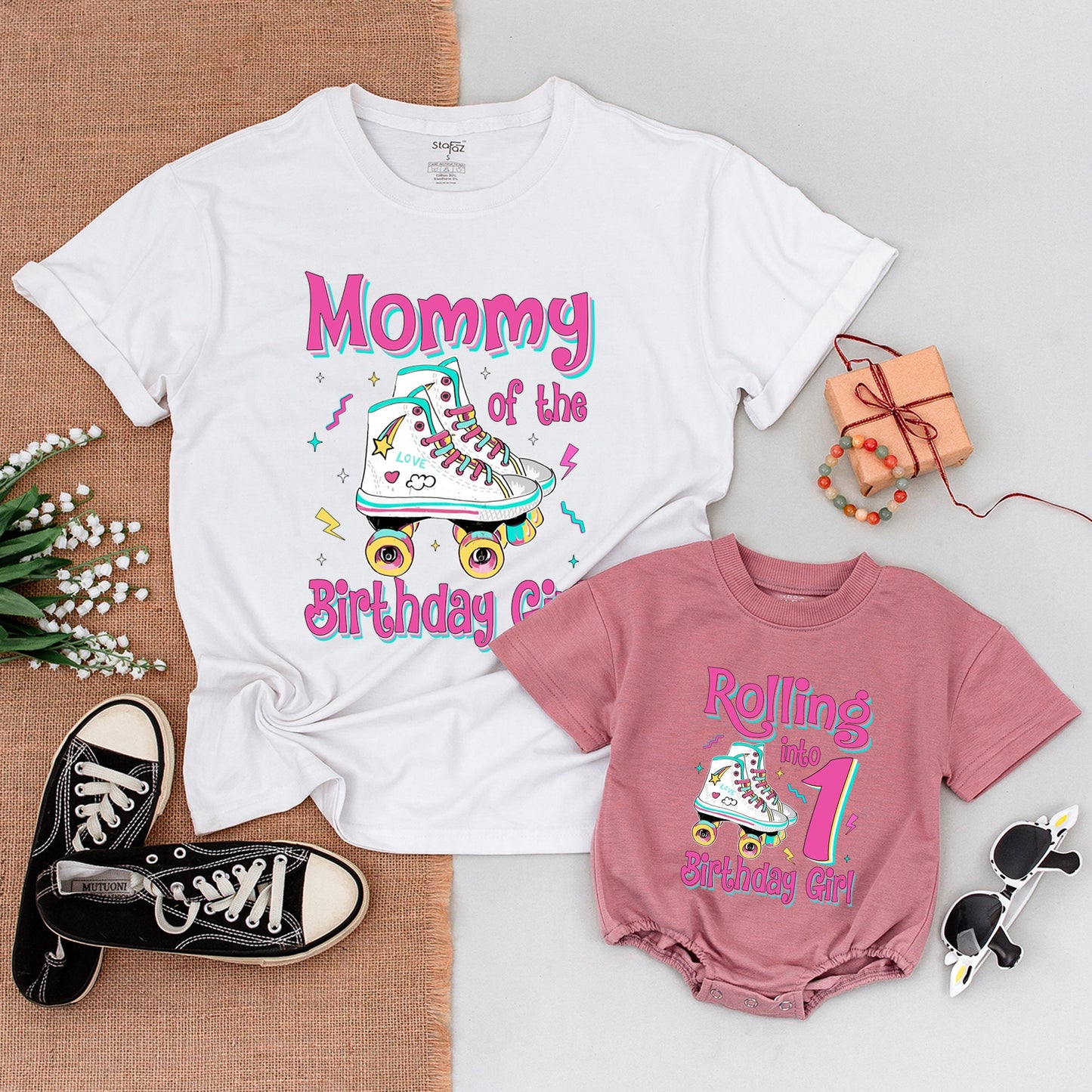 Personalized Rolling Into Birthday Girl Retro Roller Skate Family Matching Shirts Vibrant Pink Stars Hearts Baby Toddler Outfit