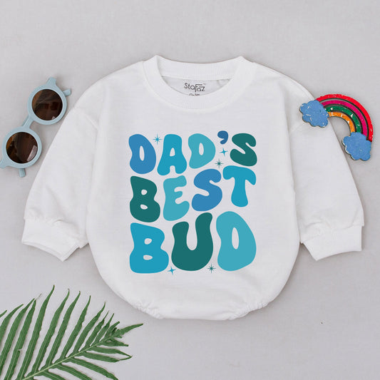 Dad's Best Bud Retro Groovy Romper Teal Blue Starburst Baby Boy Outfit Father's Day Gift for Son Newborn Baby Shower Present Soft Cotton