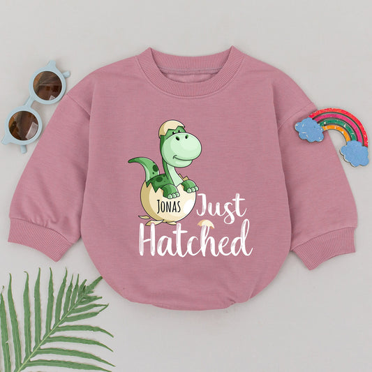 Personalized Just Hatched Dinosaur Baby Romper with Cute Green Egg Design, Adorable Newborn Bubble Bodysuit Shower Gift