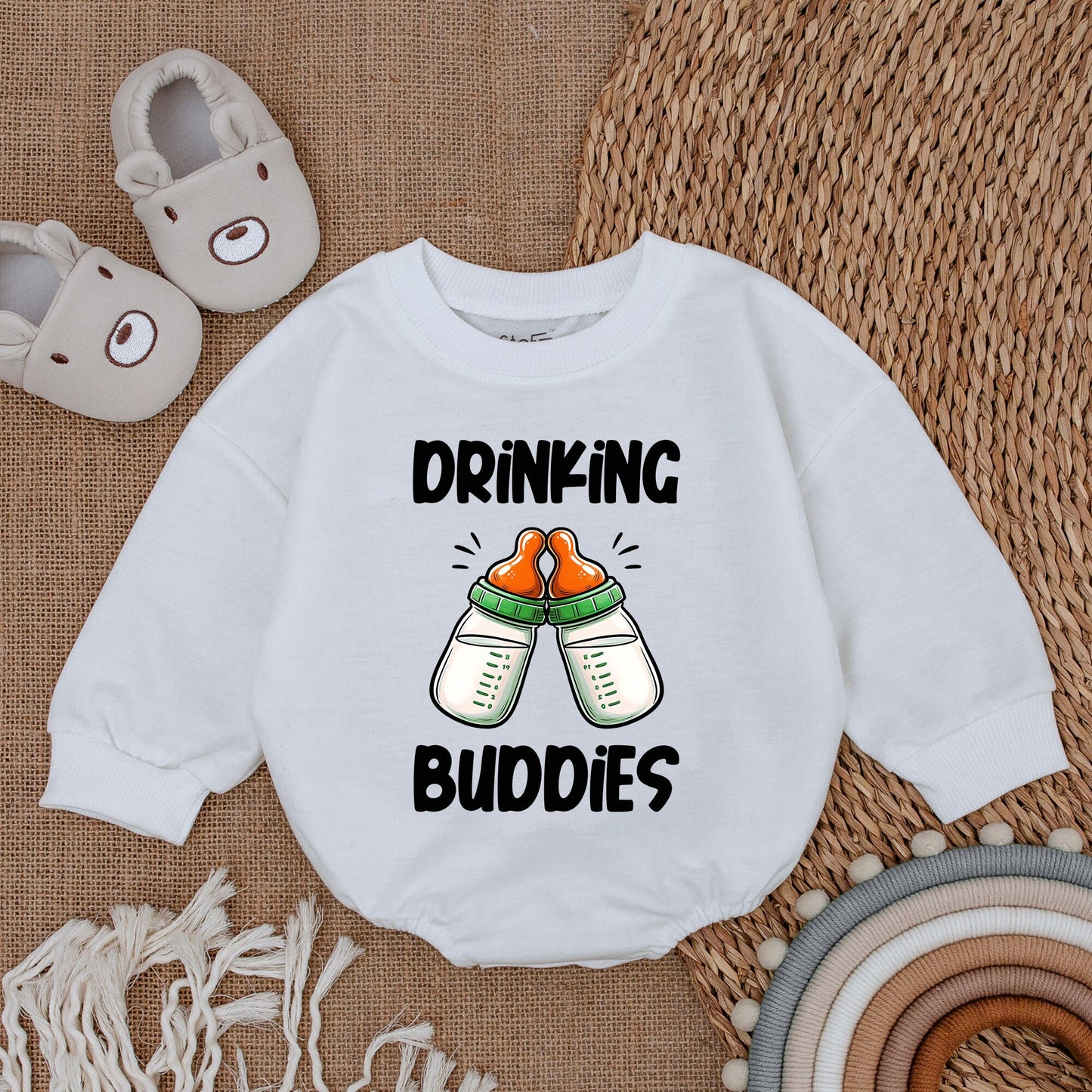 Cute Drinking Buddies Baby Romper Bodysuit with Clinking Bottles Design, Gender Neutral Baby Shower Gift for Twins, Soft Cotton Baby Girl Boy Outfit