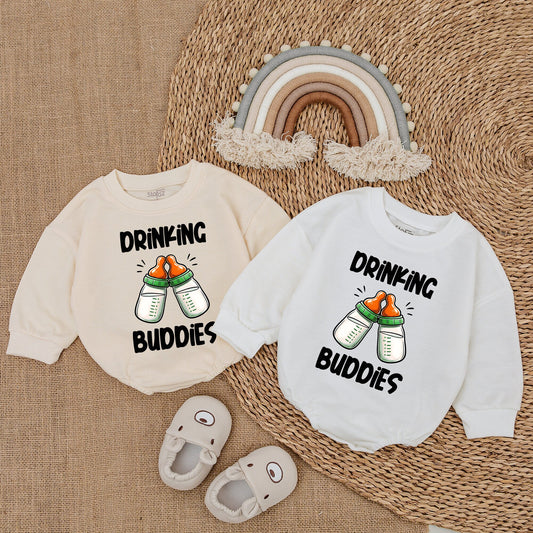 Cute Drinking Buddies Baby Romper Bodysuit with Clinking Bottles Design, Gender Neutral Baby Shower Gift for Twins, Soft Cotton Baby Girl Boy Outfit