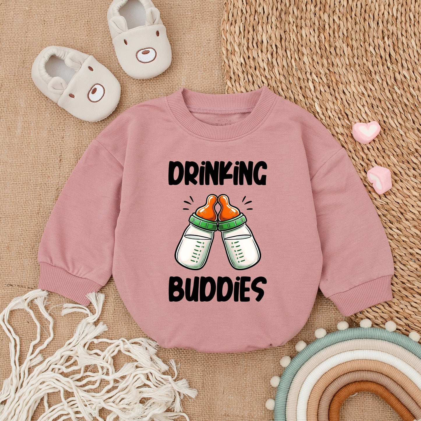 Cute Drinking Buddies Baby Romper Bodysuit with Clinking Bottles Design, Gender Neutral Baby Shower Gift for Twins, Soft Cotton Baby Girl Boy Outfit