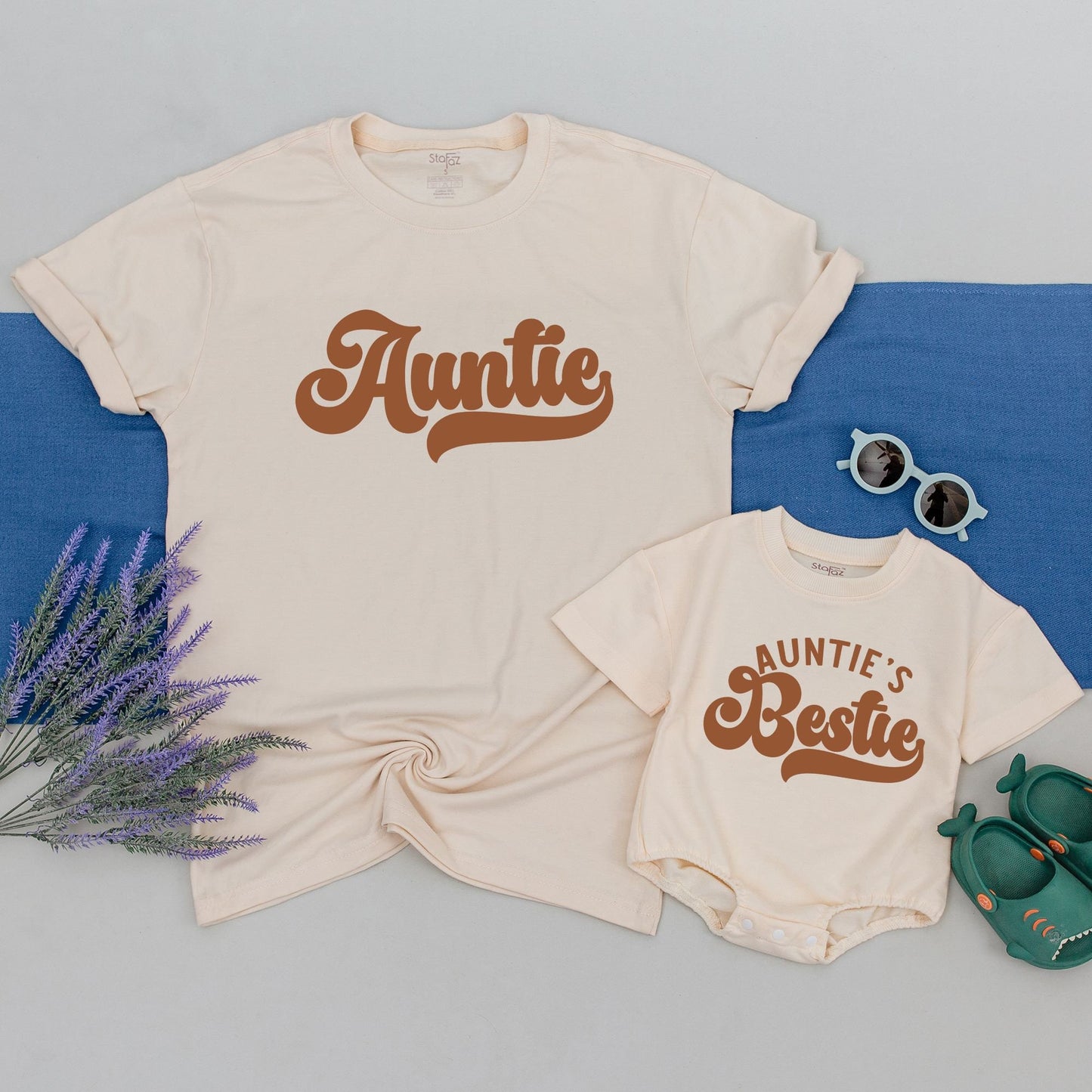 Personalized Auntie and Auntie's Bestie Matching Retro Bubbly Brown Vintage Shirt Onesie Set New Aunt Baby Nephew Niece T-Shirt Gift