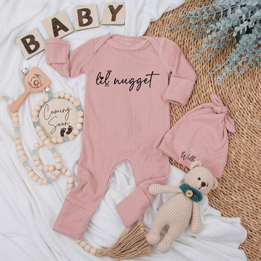 Personalized Lil Nugget Chicken Baby Bodysuit Hat Set Whimsical Handwritten Newborn Going Home Outfit Modern Minimalist Pregnancy Reveal Announcement Gift