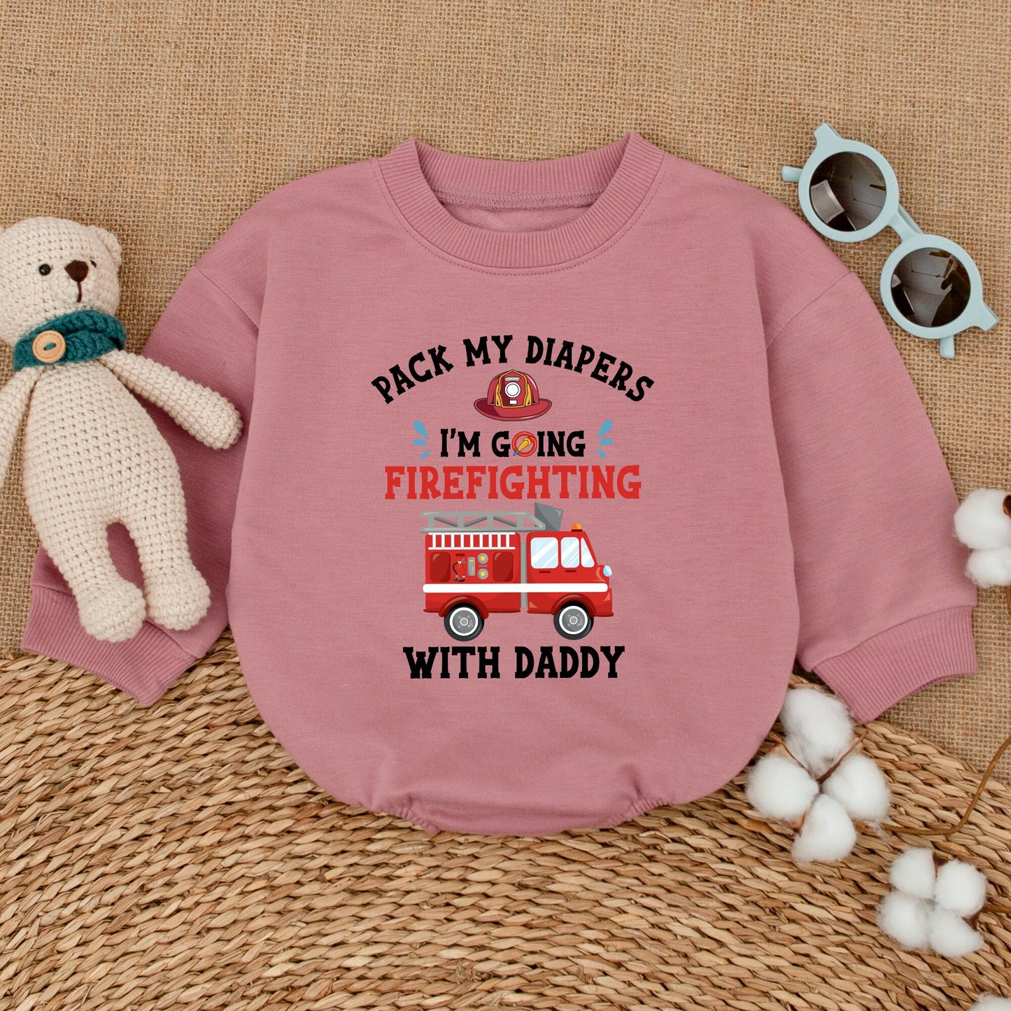 Pack My Diapers I'm Going Firefighting With Daddy Baby Boy Romper Bodysuit Funny Fireman Father's Day Gift Cute Red Fire Truck Design Soft Cotton Outfit