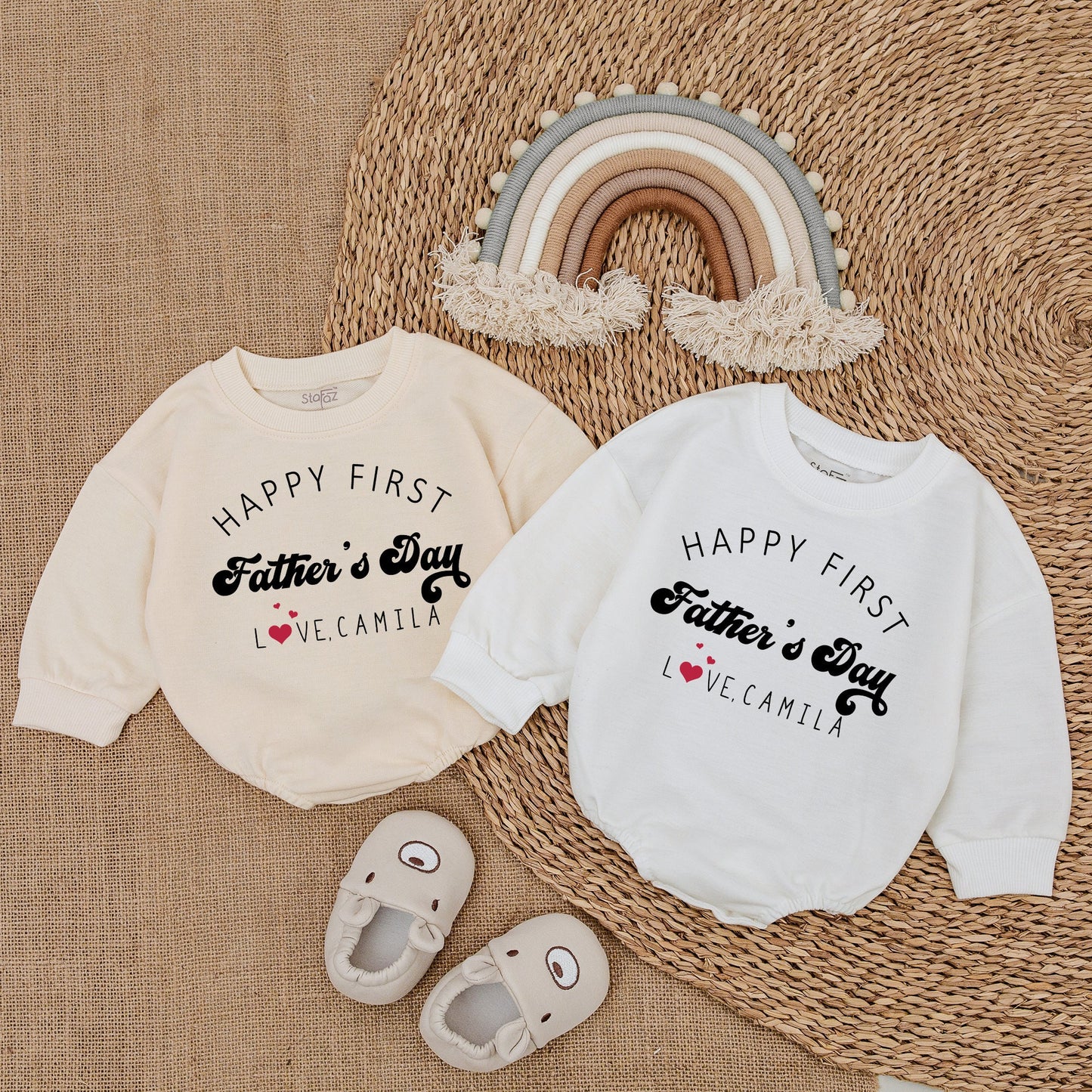Personalized Happy First Father's Day Baby Romper Daddy and Me Natural Bodysuit Love Camila Heart Design Baby Girl Outfit Comfortable