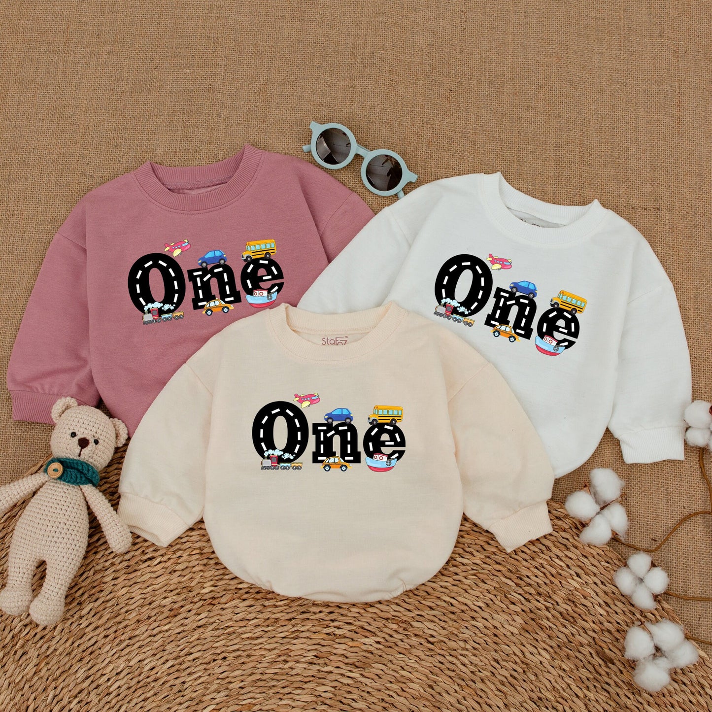 Personalized Colorful Transportation First Birthday Romper One Year Old Bubble Bodysuit Vehicles Trains Cars Planes Cake Smash Outfit Infant Boy Girl Party