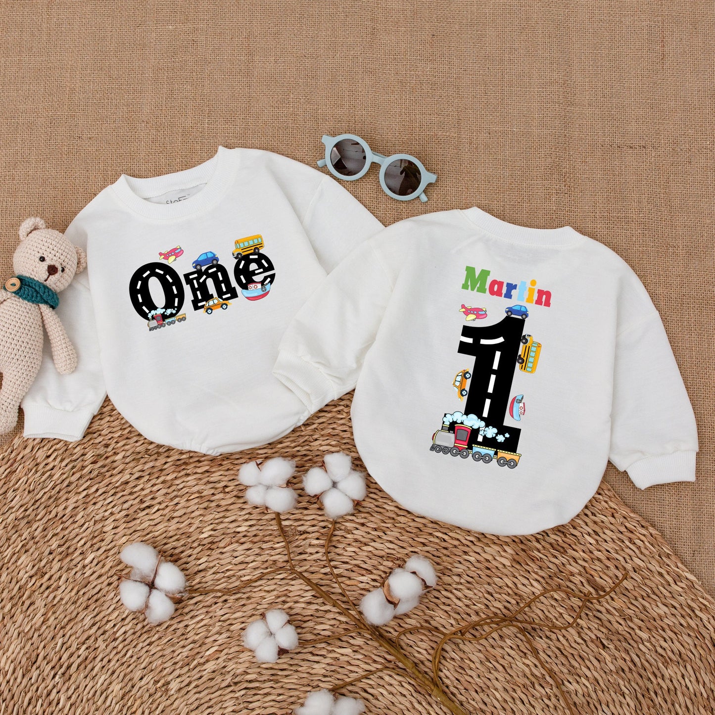 Personalized Colorful Transportation First Birthday Romper One Year Old Bubble Bodysuit Vehicles Trains Cars Planes Cake Smash Outfit Infant Boy Girl Party