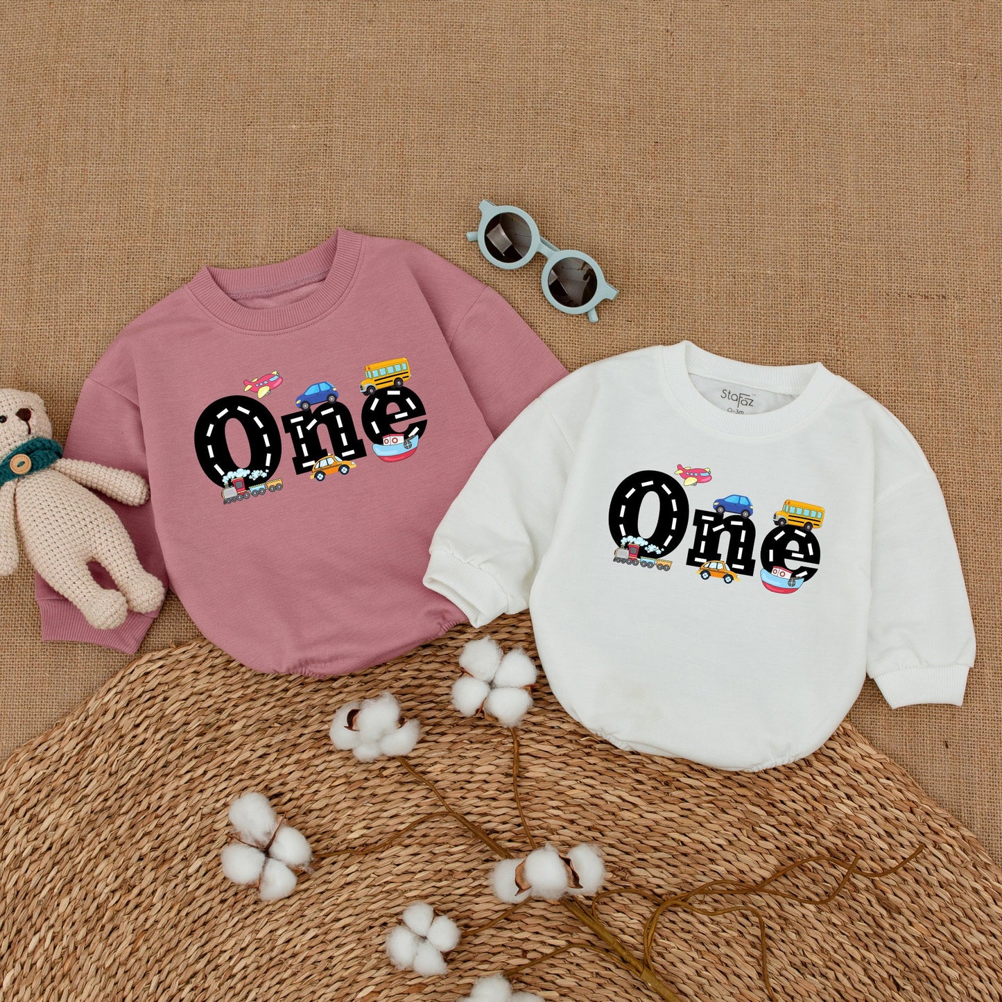 Personalized Colorful Transportation First Birthday Romper One Year Old Bubble Bodysuit Vehicles Trains Cars Planes Cake Smash Outfit Infant Boy Girl Party