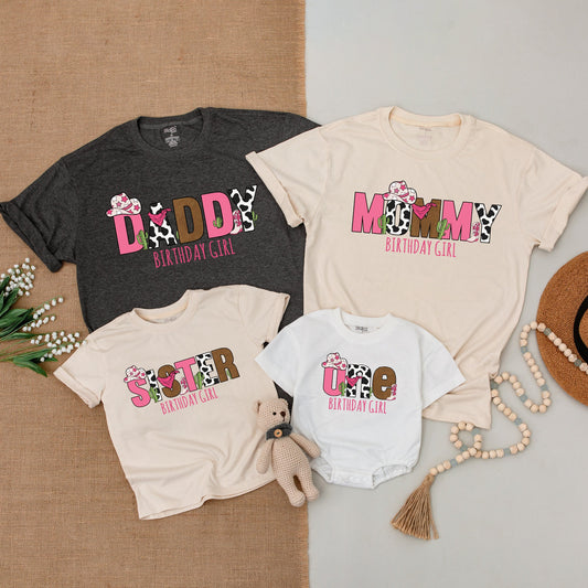 Pink Brown Cow Print Cowgirl First Birthday Family Matching Shirts Wild West One Baby Girl Bodysuit Outfits Rodeo Hat Boot