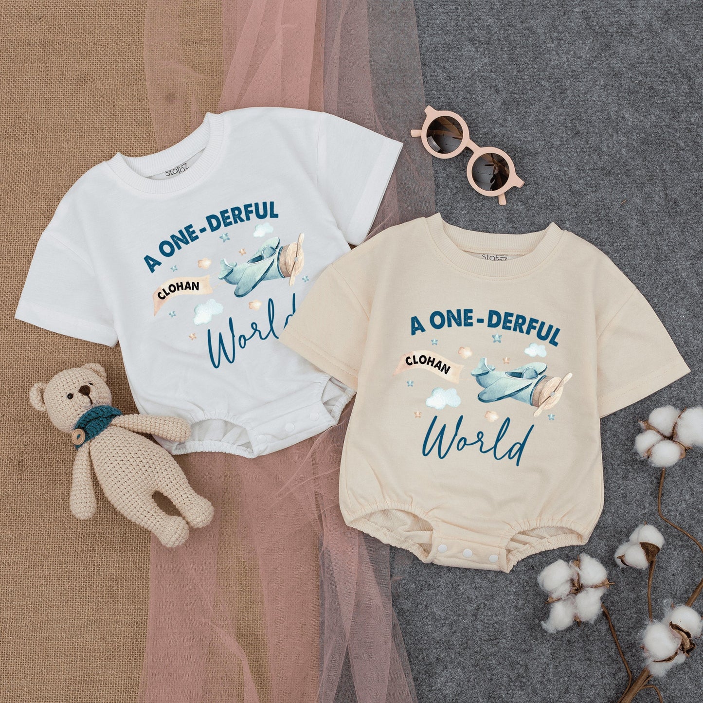 Personalized A Onederful World Baby 1st Birthday Romper Airplane Short Sleeve Outfit Soft Cute Blue Beige White Travel Adventure