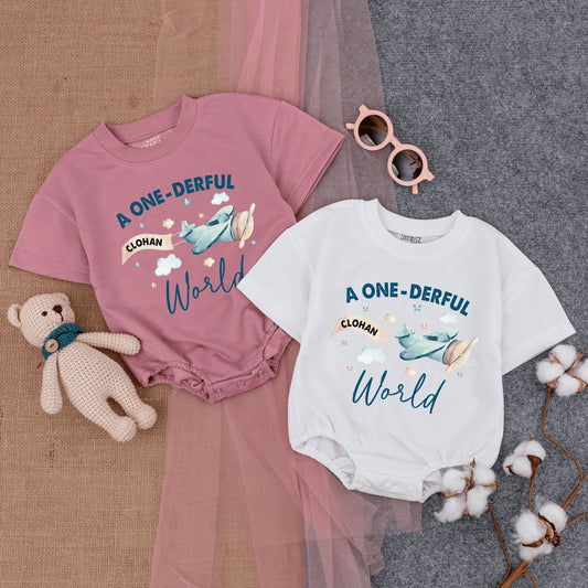Personalized A Onederful World Baby 1st Birthday Romper Airplane Short Sleeve Outfit Soft Cute Blue Beige White Travel Adventure