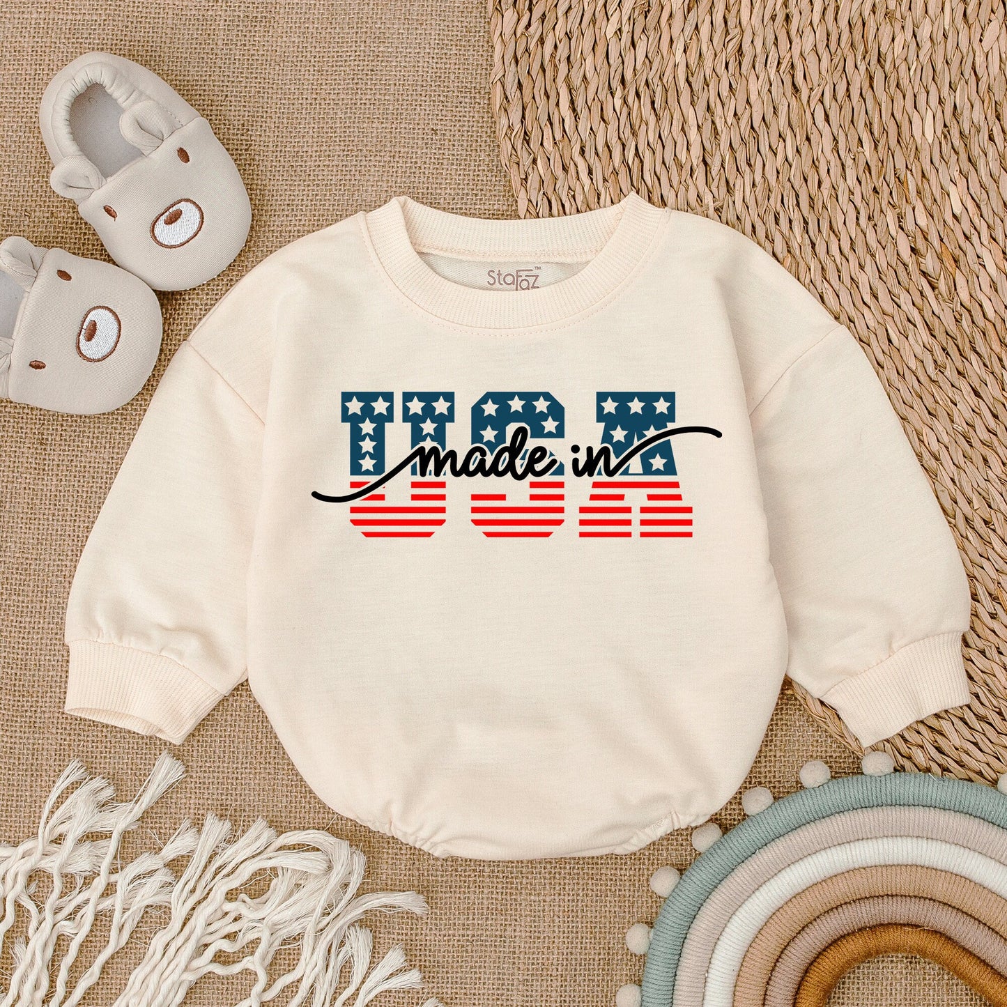 "USA Made" Patriotic Baby Bubble Romper Stars & Stripes Design Fourth of July Infant Bodysuit Comfortable Newborn Outfit Baby Clothes Boy Girl
