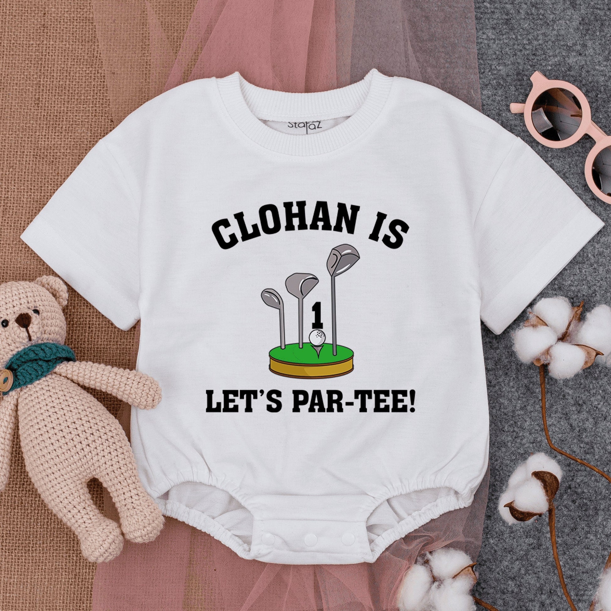 Custom Let's Par-Tee Golf First Birthday Bubble Romper Short Sleeve Infant Boy Outfit Cartoon Golf Ball Club Green Grass Celebration Gift