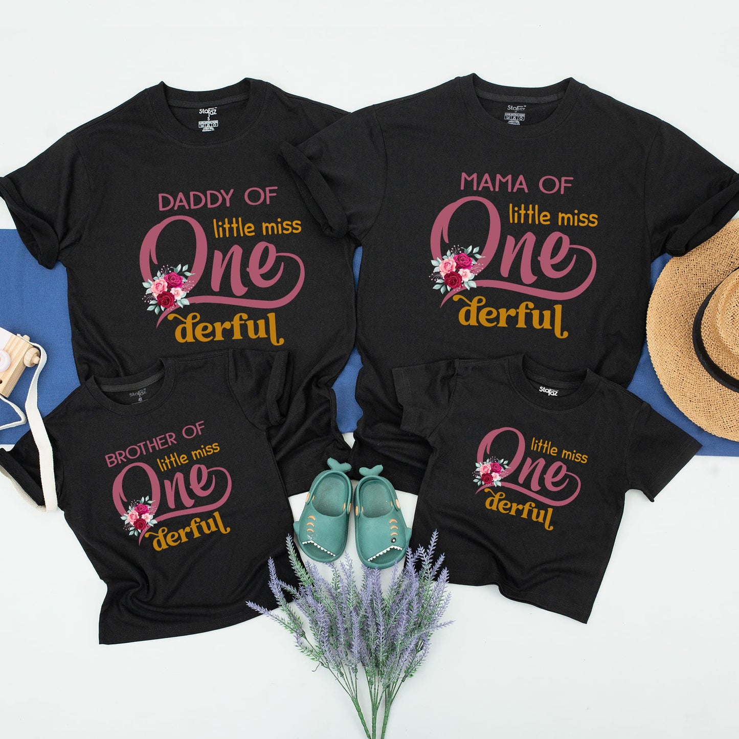 Onederful First Birthday Family Matching Shirts Whimsical Swirly One Pink Rose Floral Design for Mama Daddy Brother Sister Girl Party
