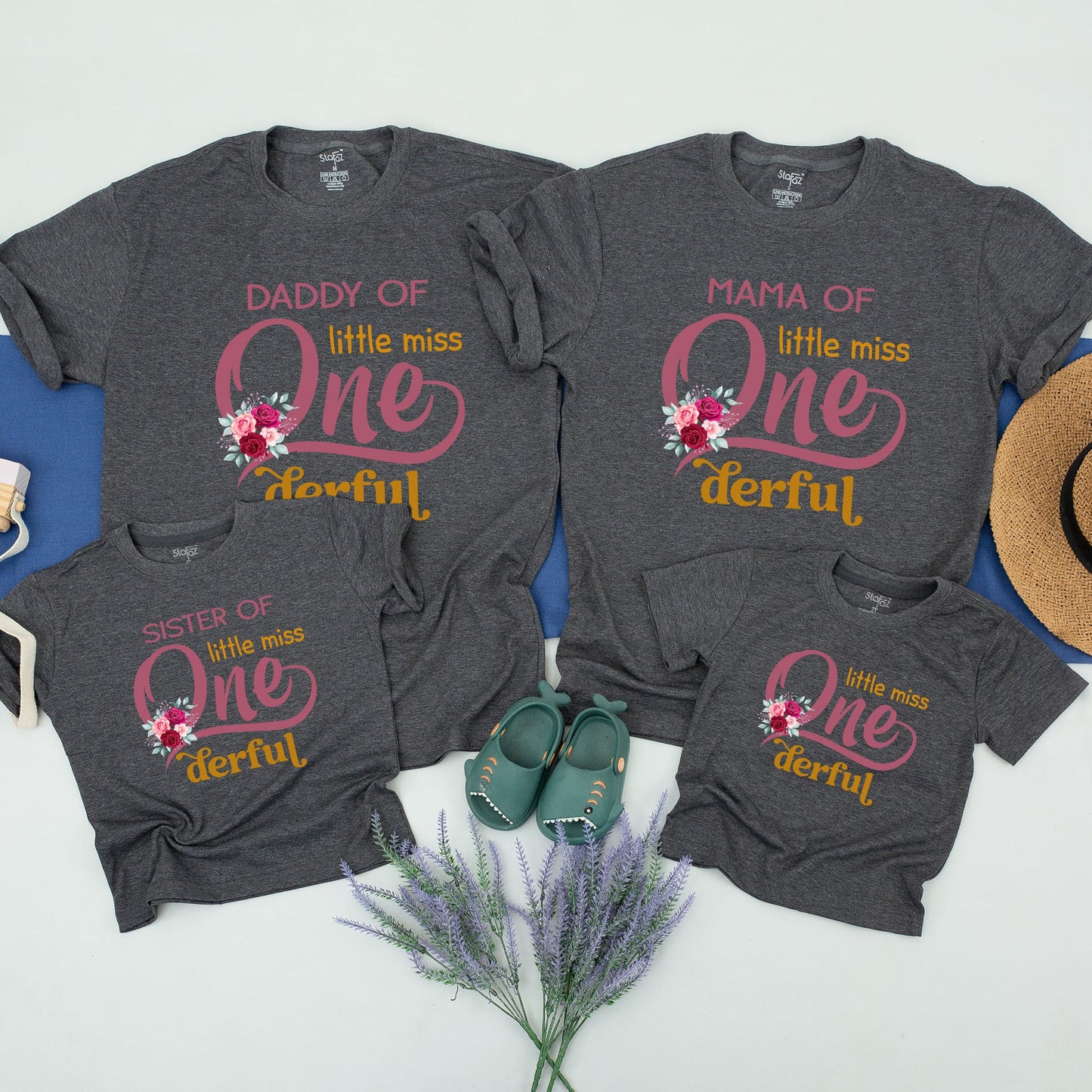 Onederful First Birthday Family Matching Shirts Whimsical Swirly One Pink Rose Floral Design for Mama Daddy Brother Sister Girl Party