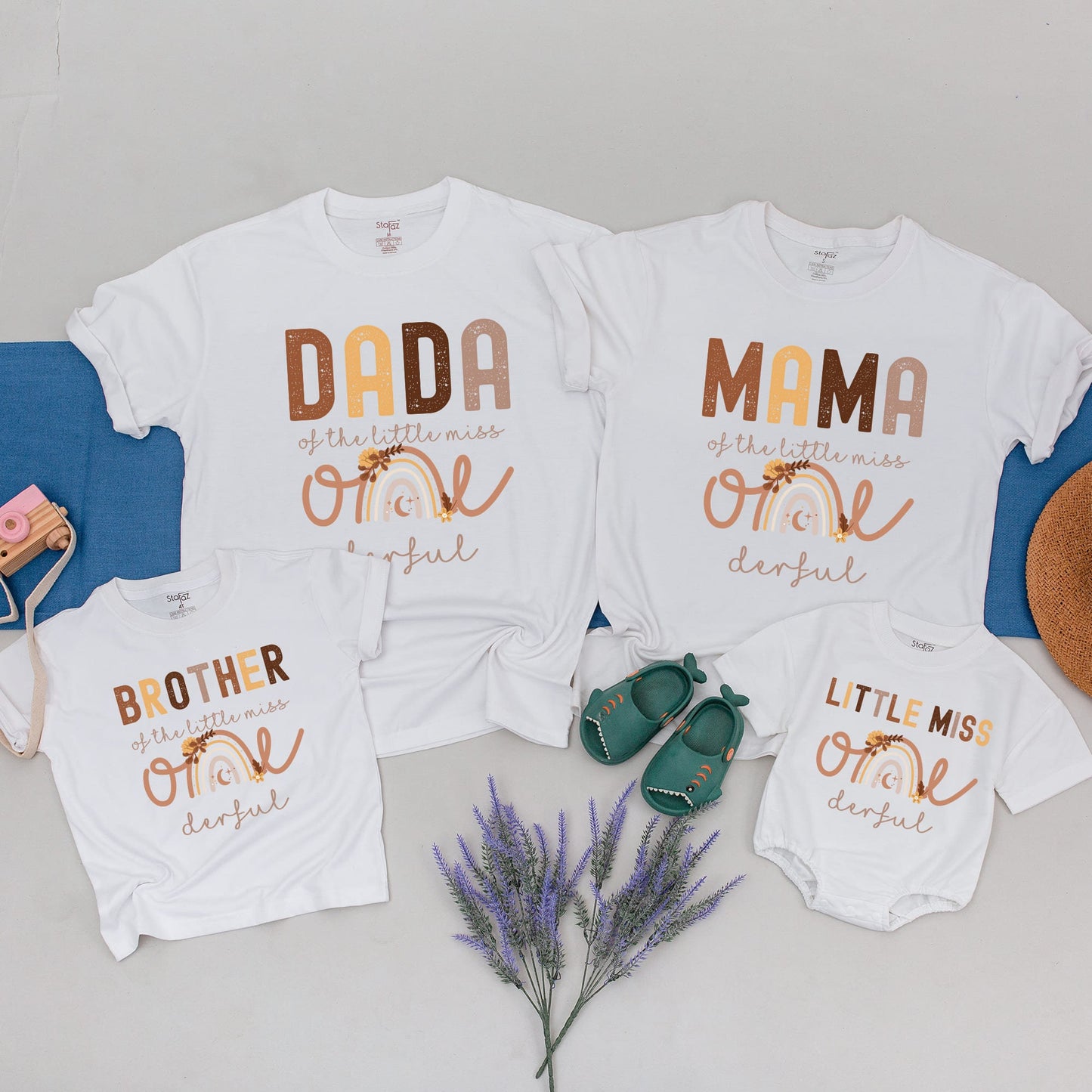 Boho Rainbow First Birthday Family Shirts for Girls Little Miss ONEderful Matching Outfits with Warm Boho Brown & Orange Hues, Floral Crescent Moon Design