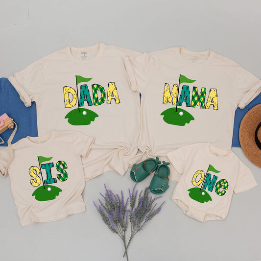 Matching Family Golf Birthday Shirts Yellow Green Black Patchwork Argyle Hole In One 1st Party Celebration Outfits For Baby