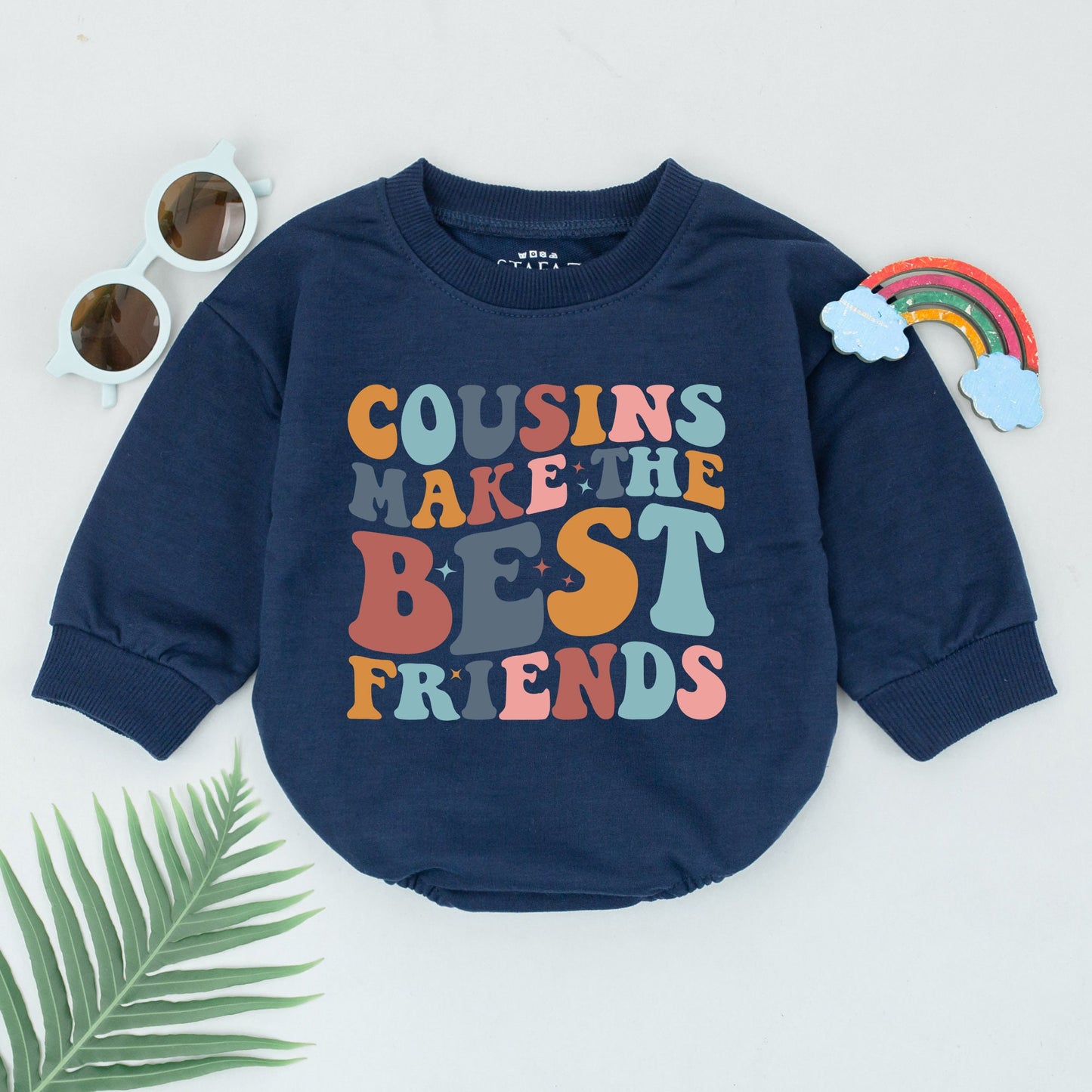 Cousins Make Best Friends Retro Romper Baby Bodysuit Vibrant 70s Stars Fun Orange Navy Blue Teal Colors Toddler Outfit Shower Gift
