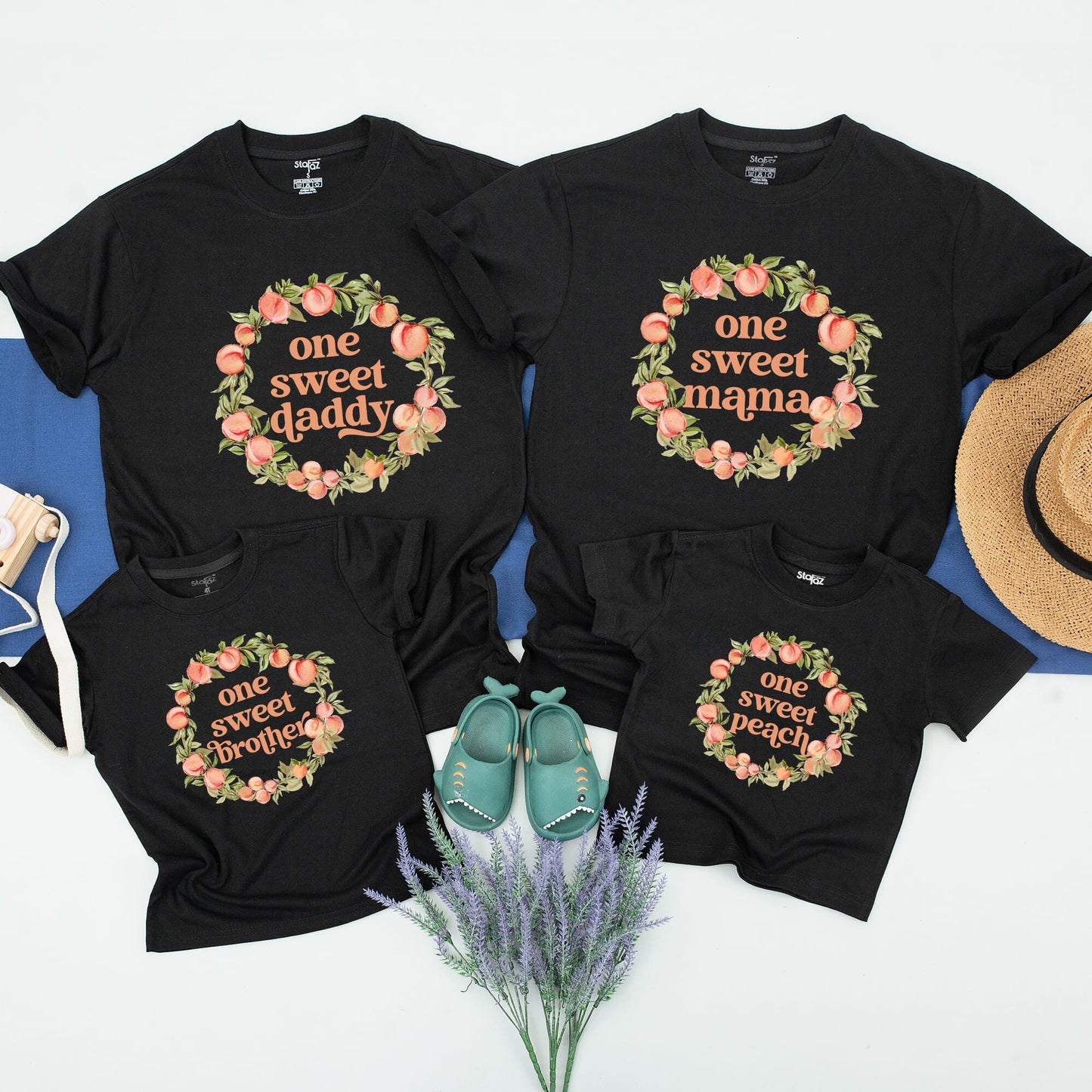 Custom Peach 1st Birthday Matching Family Shirts One Sweet Peach Baby Girl Party Outfits with Retro Font Muted Peach Wreath Design