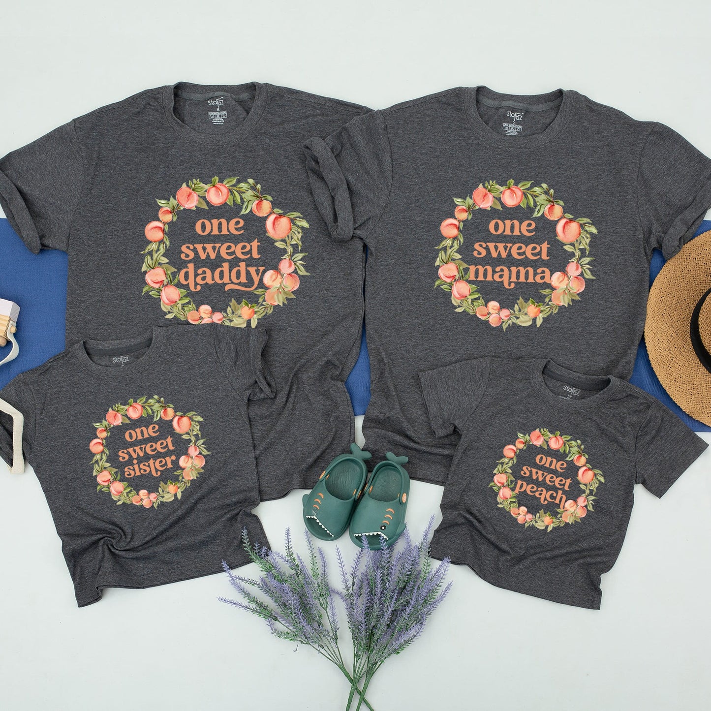 Custom Peach 1st Birthday Matching Family Shirts One Sweet Peach Baby Girl Party Outfits with Retro Font Muted Peach Wreath Design