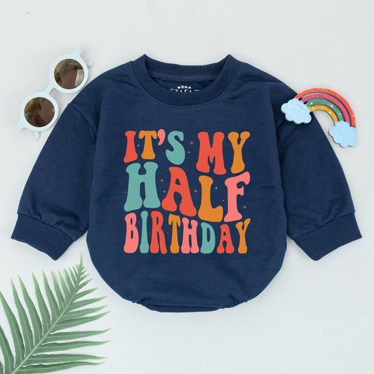 It's My Half Birthday Romper 6 Month Baby Girl Boy Outfit, Retro Vintage Bright Colorful Design with Starbursts Half Way to One Infant Celebration Gift
