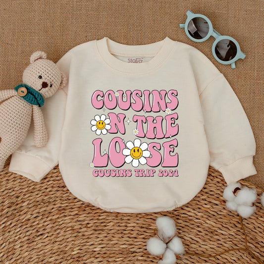 Matching Cousins On The Loose Romper for Baby Girls & Boys, 2024 Family Trip Outfit with Retro Pink Bubble Letters & Smiley Daisy Flowers