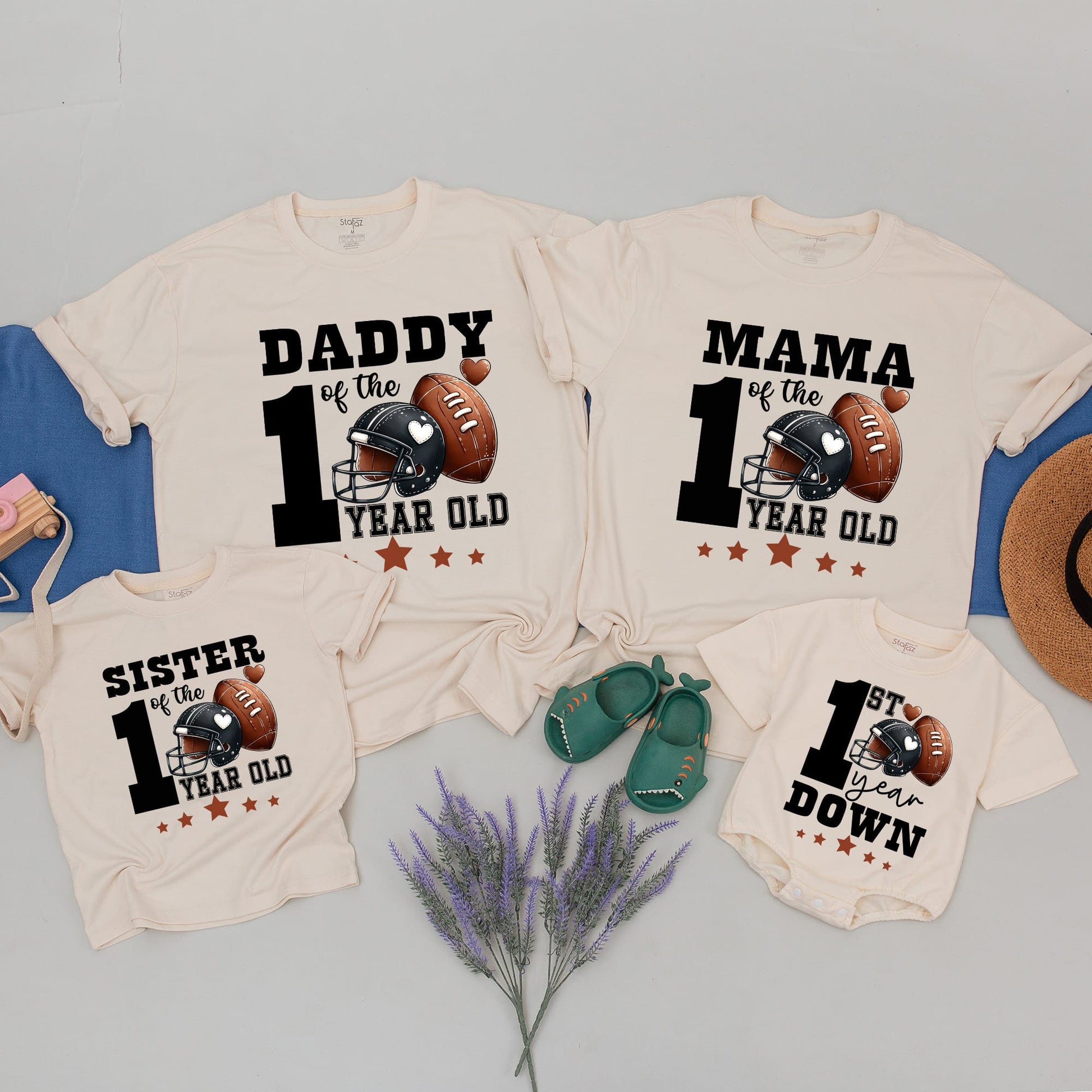Matching Football First Birthday Family Shirts 1st Down Celebration 1 Year Old Party Outfits with Helmets and Stars