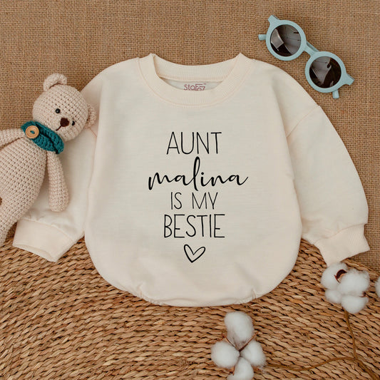 Personalized Aunt Malina Is My Bestie Baby Romper Bodysuit with Black Heart Design Simple Modern Auntie's Best Friend Outfit Newborn Gift