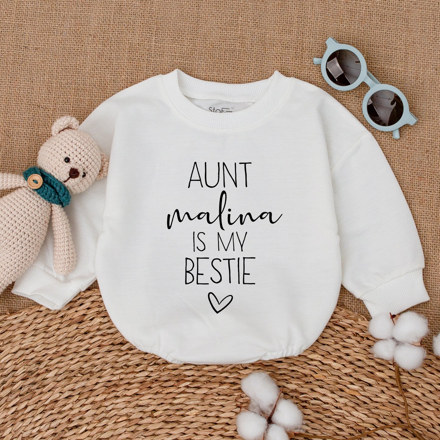 Personalized Aunt Malina Is My Bestie Baby Romper Bodysuit with Black Heart Design Simple Modern Auntie's Best Friend Outfit Newborn Gift