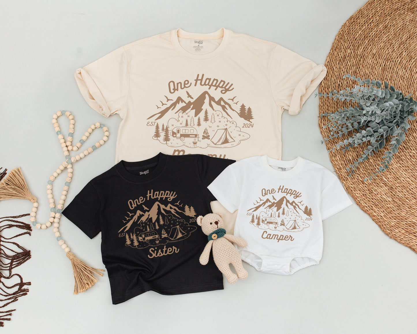 One Happy Camper First Birthday Family Matching Shirts Brown Mountain Camping Design Vacation Outfits Dad Mommy Brother EST 2024