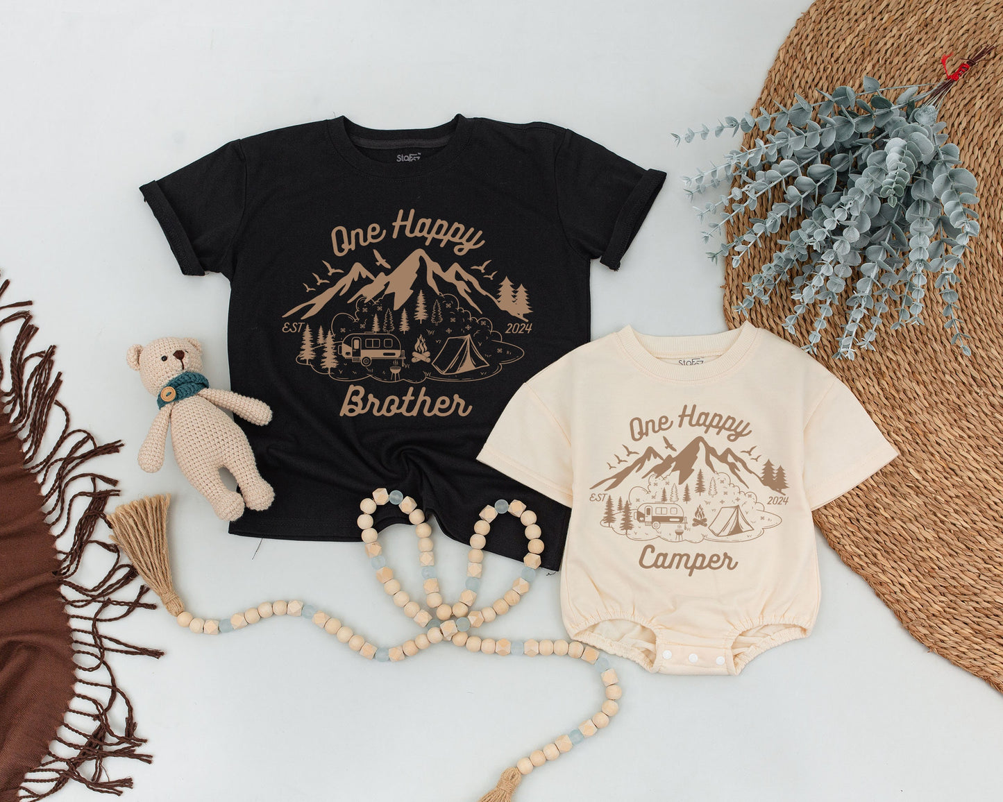 One Happy Camper First Birthday Family Matching Shirts Brown Mountain Camping Design Vacation Outfits Dad Mommy Brother EST 2024