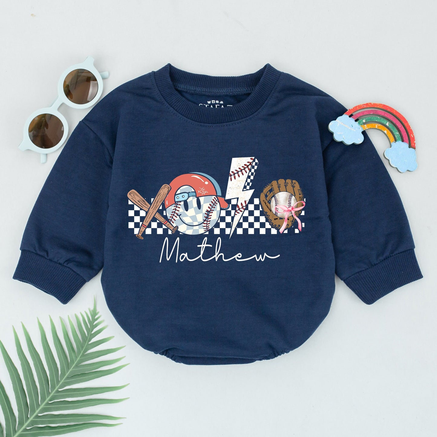 Personalized Retro Baseball Game Day Bubble Romper for Baby Boy featuring a Whimsical Helmet Bats Glove and Lightning Bolt Design for Gameday Season
