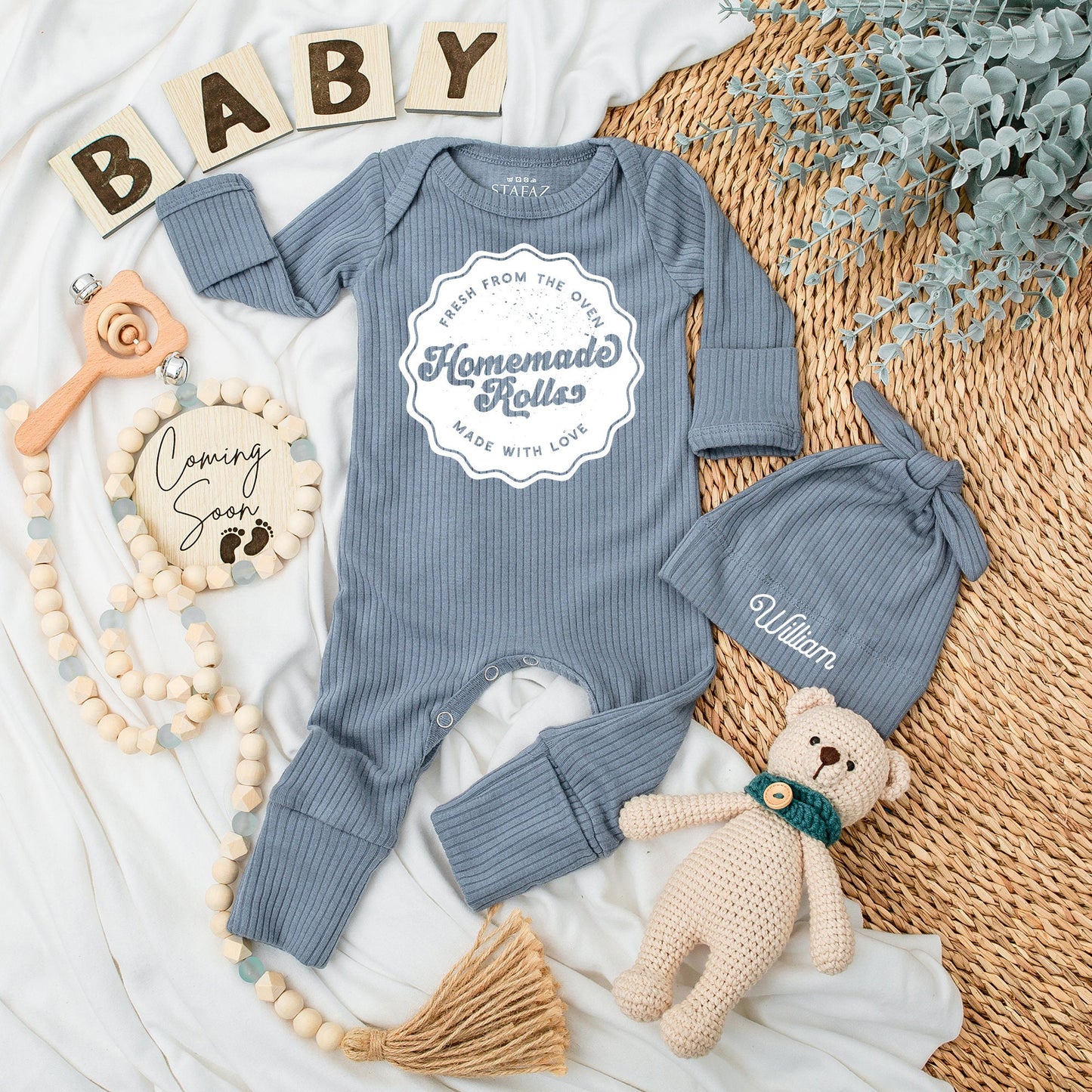 Personalized Homemade Rolls Baby Bodysuit & Hat Set Fresh from the Oven Vintage Rustic Pregnancy Reveal Gift