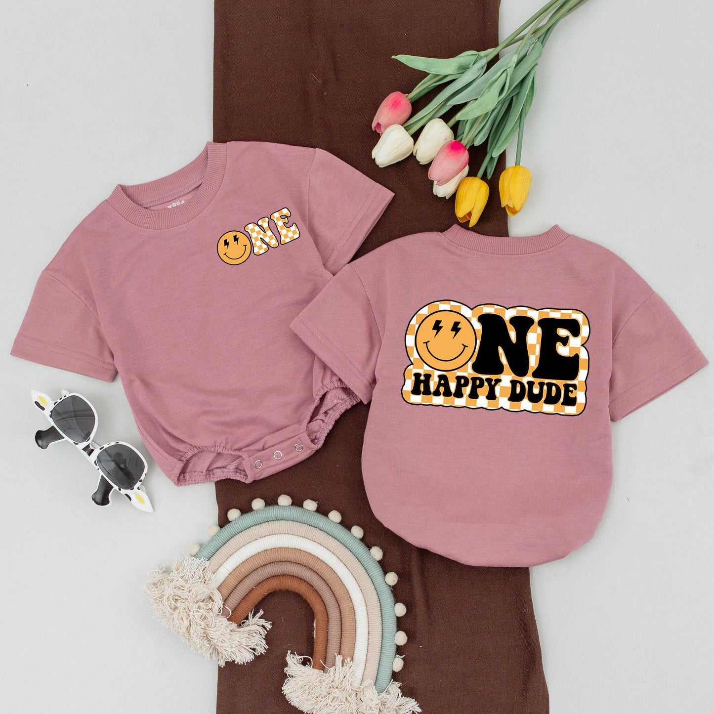 One Happy Dude 1st Birthday Shirts Matching Mommy and Me Outfit Yellow Smiley Face Family T-shirts Toddler Boy Bodysuit Retro