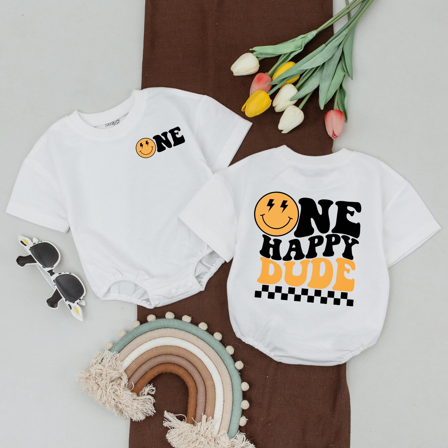 One Happy Dude First Birthday Shirt Family Matching Outfit Retro Smiley Face Black Orange Yellow Checkered Design Playful 70s Vibe Baby Boy Bodysuit Toddler T-shirt