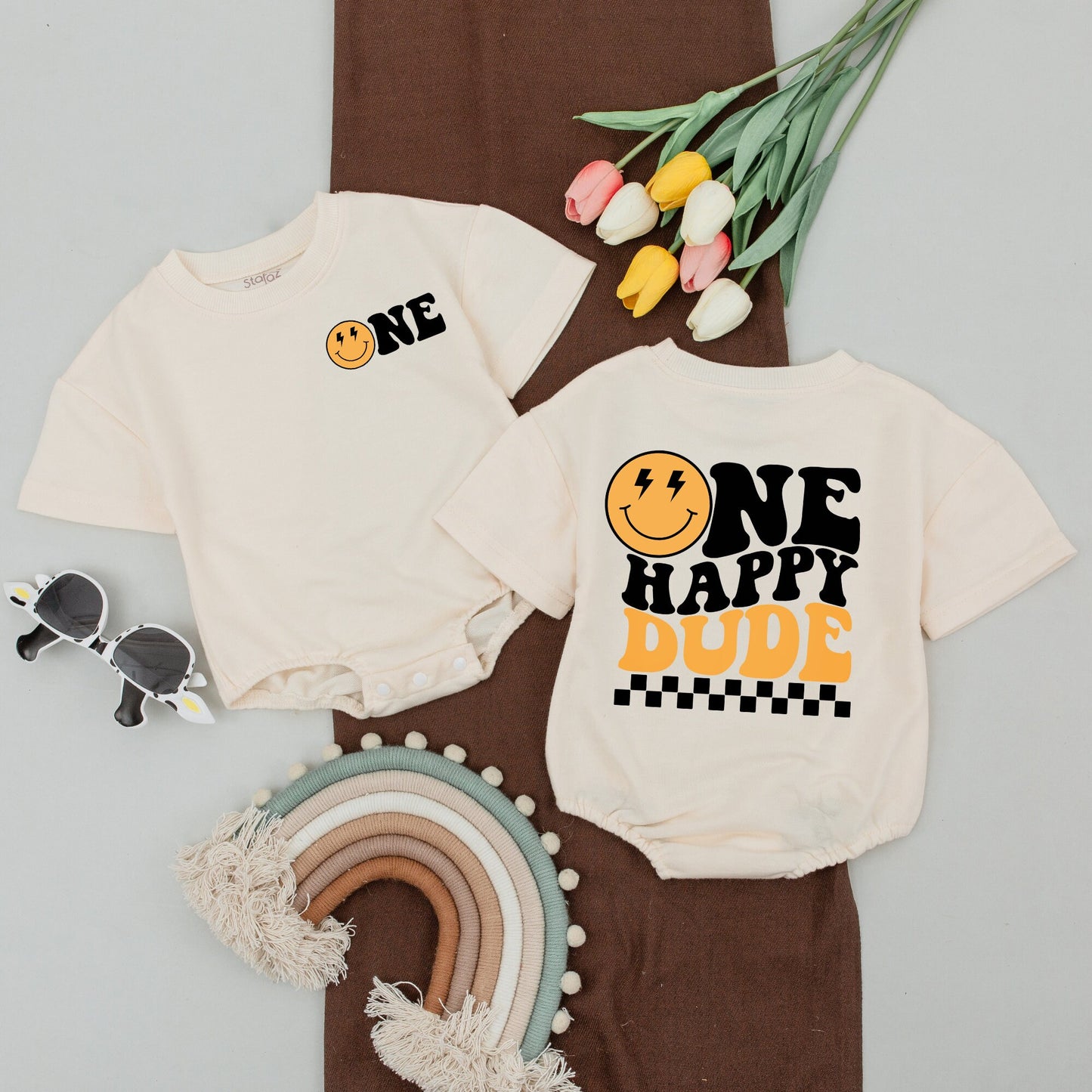 One Happy Dude First Birthday Shirt Family Matching Outfit Retro Smiley Face Black Orange Yellow Checkered Design Playful 70s Vibe Baby Boy Bodysuit Toddler T-shirt