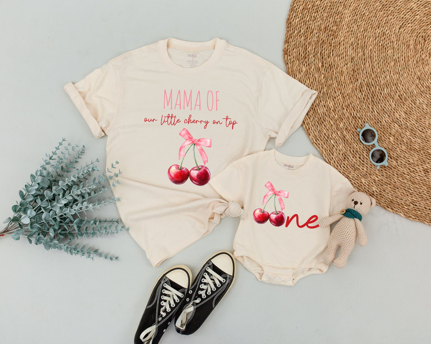Sweet One Cherry First Birthday Matching Family Shirts Celebration Outfit Pink Ribbon Watercolor Design 1st Birthday Party Wear