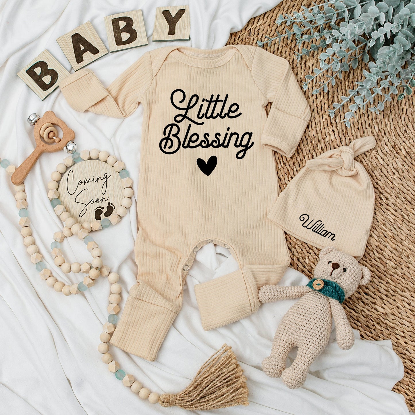 Personalized Little Blessing Baby Bodysuit and Hat Set, Newborn Going Home Outfit, Sweet Infant Gift with Black Script Design, Natural Cotton