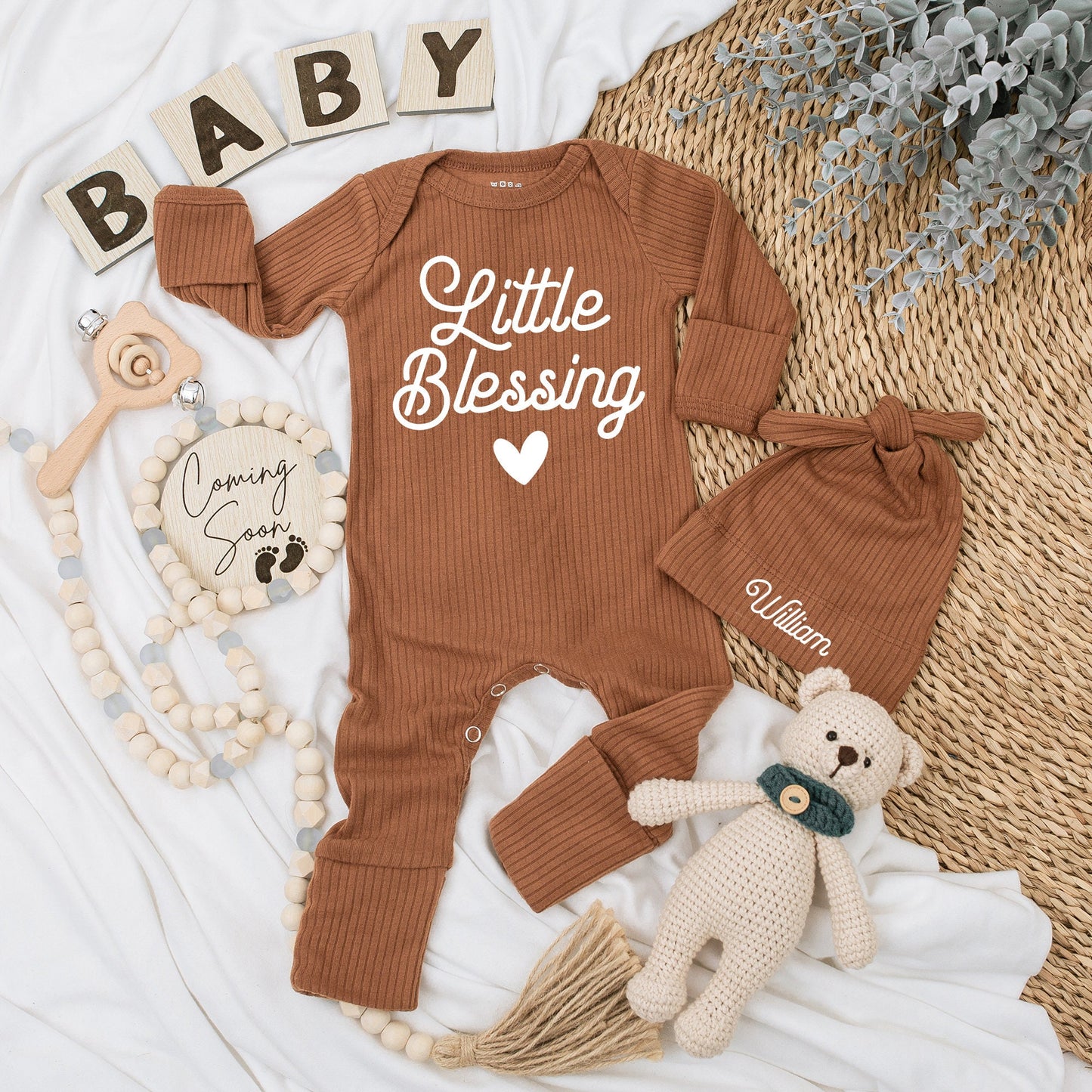 Personalized Little Blessing Baby Bodysuit and Hat Set, Newborn Going Home Outfit, Sweet Infant Gift with Black Script Design, Natural Cotton
