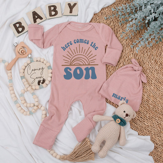 Personalized Here Comes The Son Baby Bodysuit and Hat Set Retro Sun Design Brown Teal Long Sleeve Newborn Coming Home Baby Shower Gift