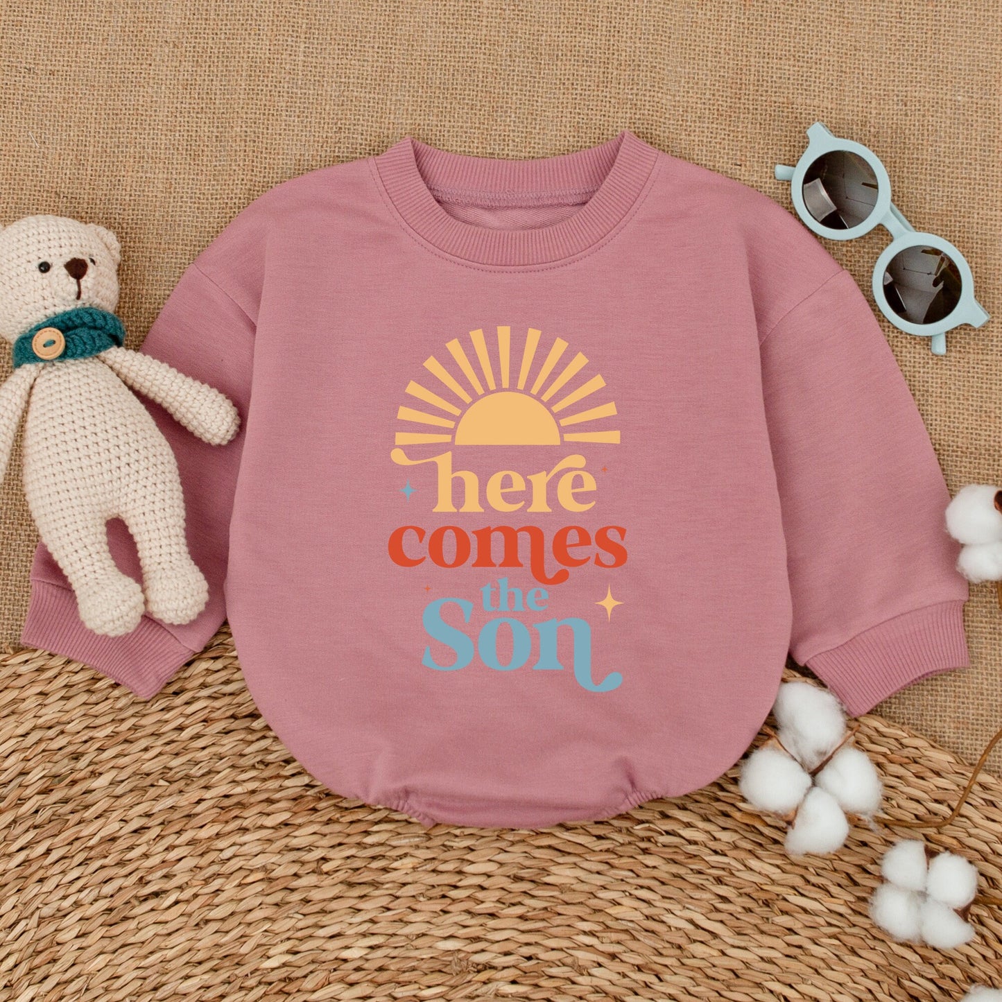 Here Comes the Son Romper Retro Sunshine Baby Bodysuit Minimalist Newborn Coming Home Outfit Playful Yellow Orange Blue Summer Starburst Design